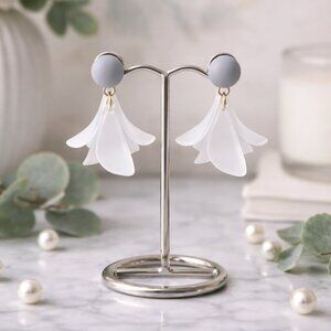 White Petal Flower Dangle Earrings Gold Plated Convertible Gray Studs Minimalist